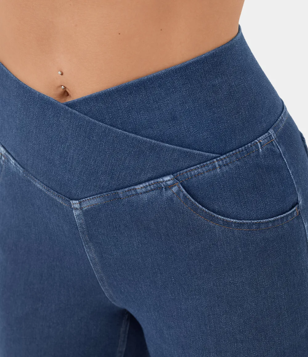 Magic High Waisted Crossover Pocket Cool Touch Washed Stretchy Knit Casual Super Flare Jeans