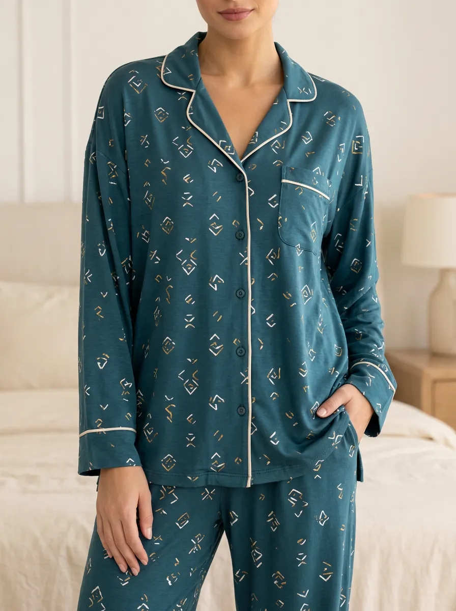 Comfortable Printed Button Front Sleepwear Set