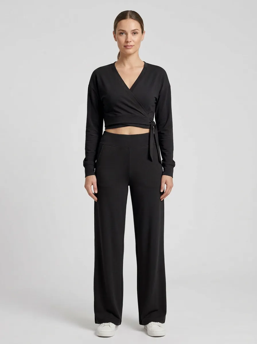 Women's Wrap-Front Side-Tie Crop Top and Wide-Leg Trouser Set