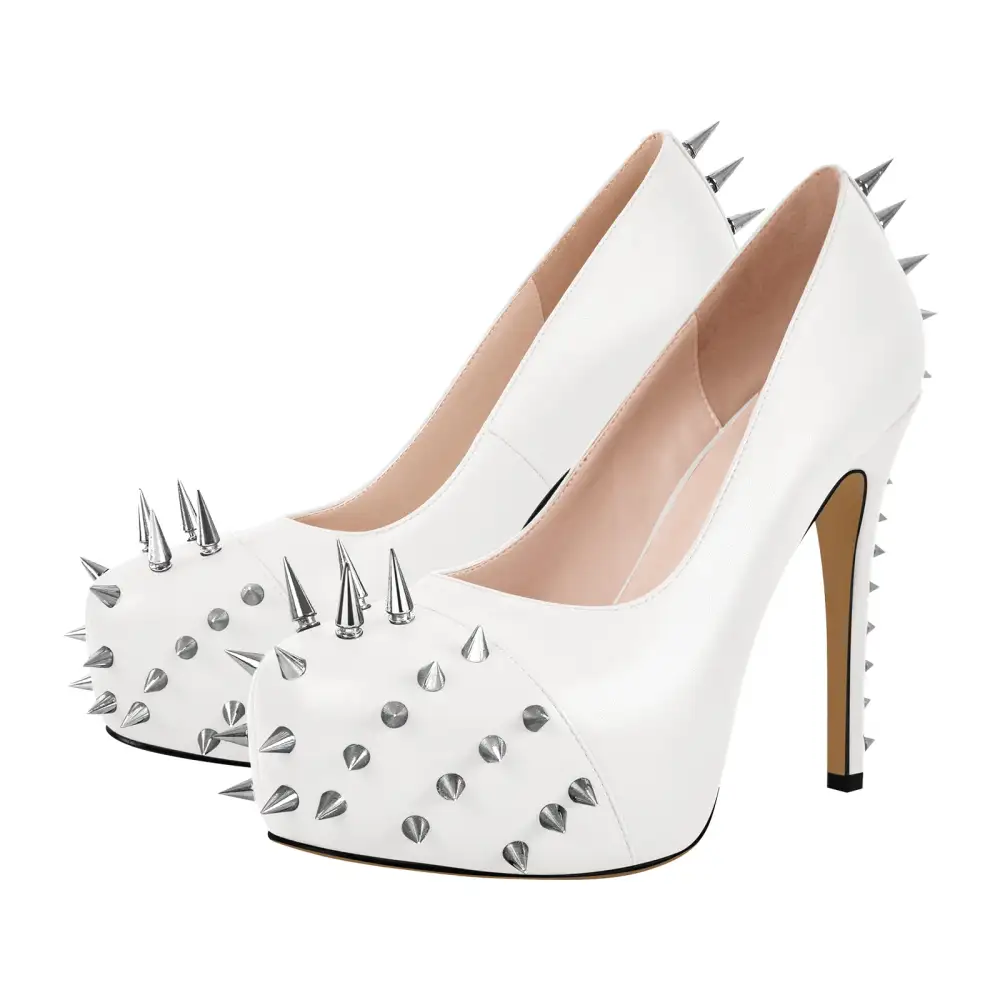 Rivet Round Toe Platform Stiletto Buckle Strap Pumps