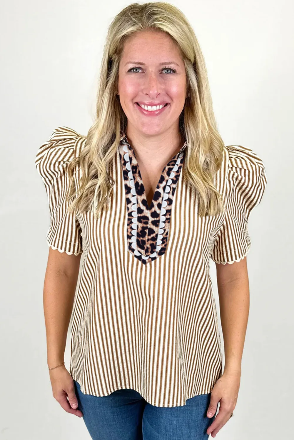 Brown Stripe Ricrac Trim Short Sleeve Blouse