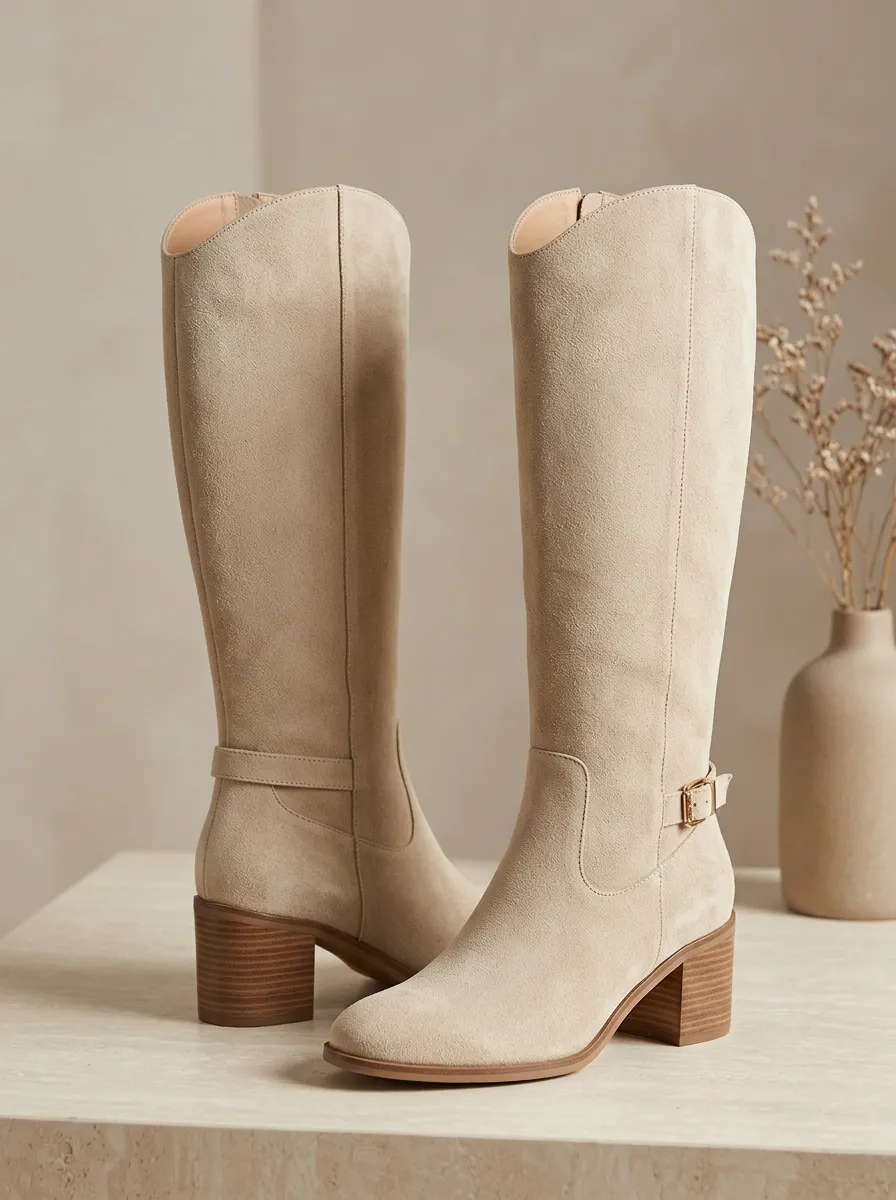 Women's Knee High Boots Buckle Strap Suede