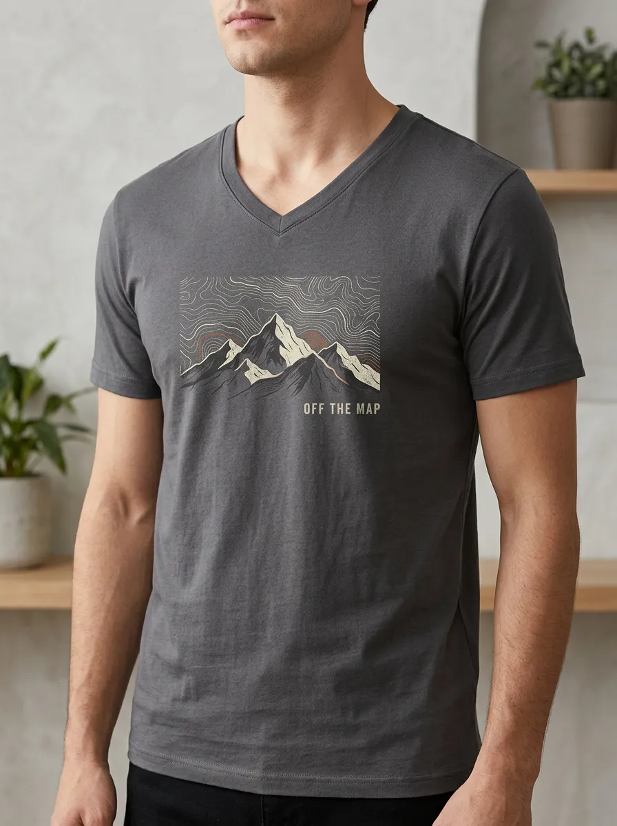Men's Hiking Adventure Off The Map Mountain Topographic Printed V-neck T-shirt