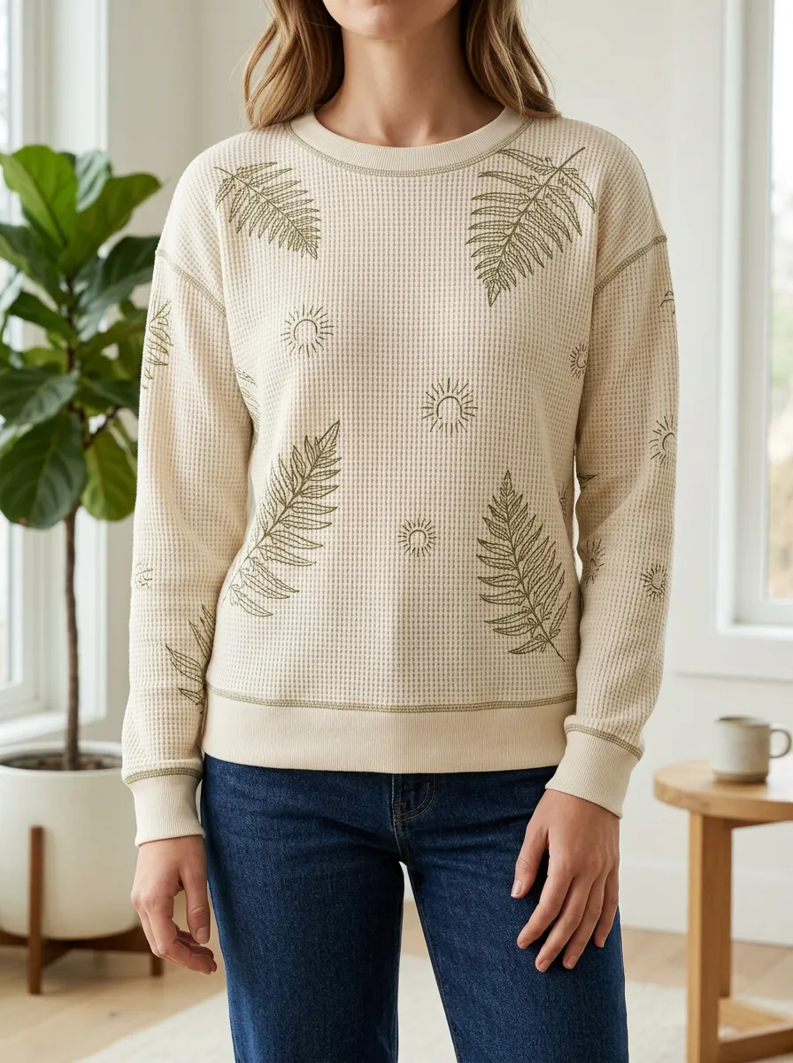 Women's Botanical Fern Sun Printed Waffle Knit Sweatshirt