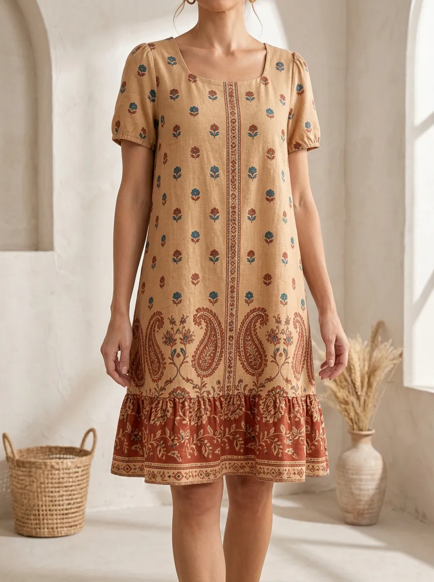Women's Bohemian Floral Paisley Printed Ruffle Hem Dress