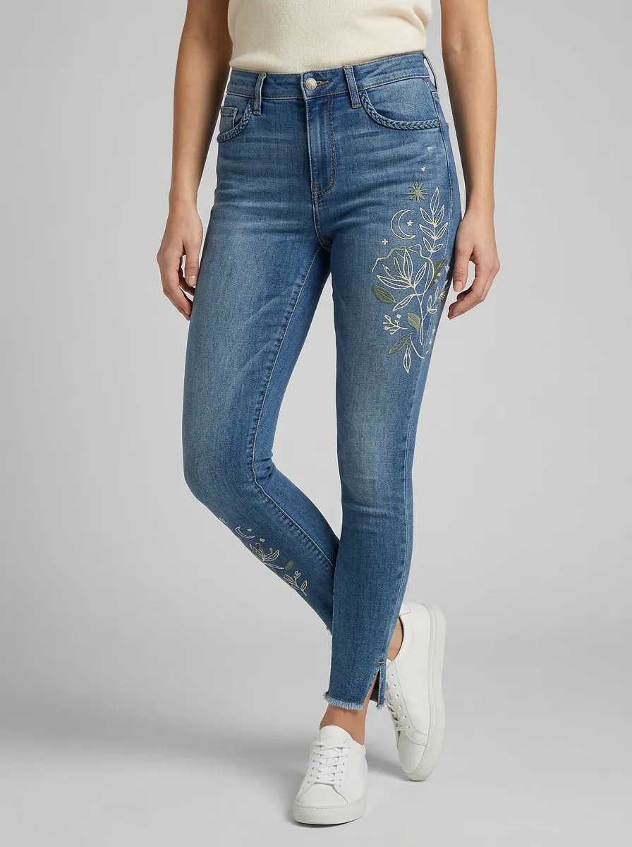 Women's Celestial Floral Moon Star Embroidered Printed Slim Jeans