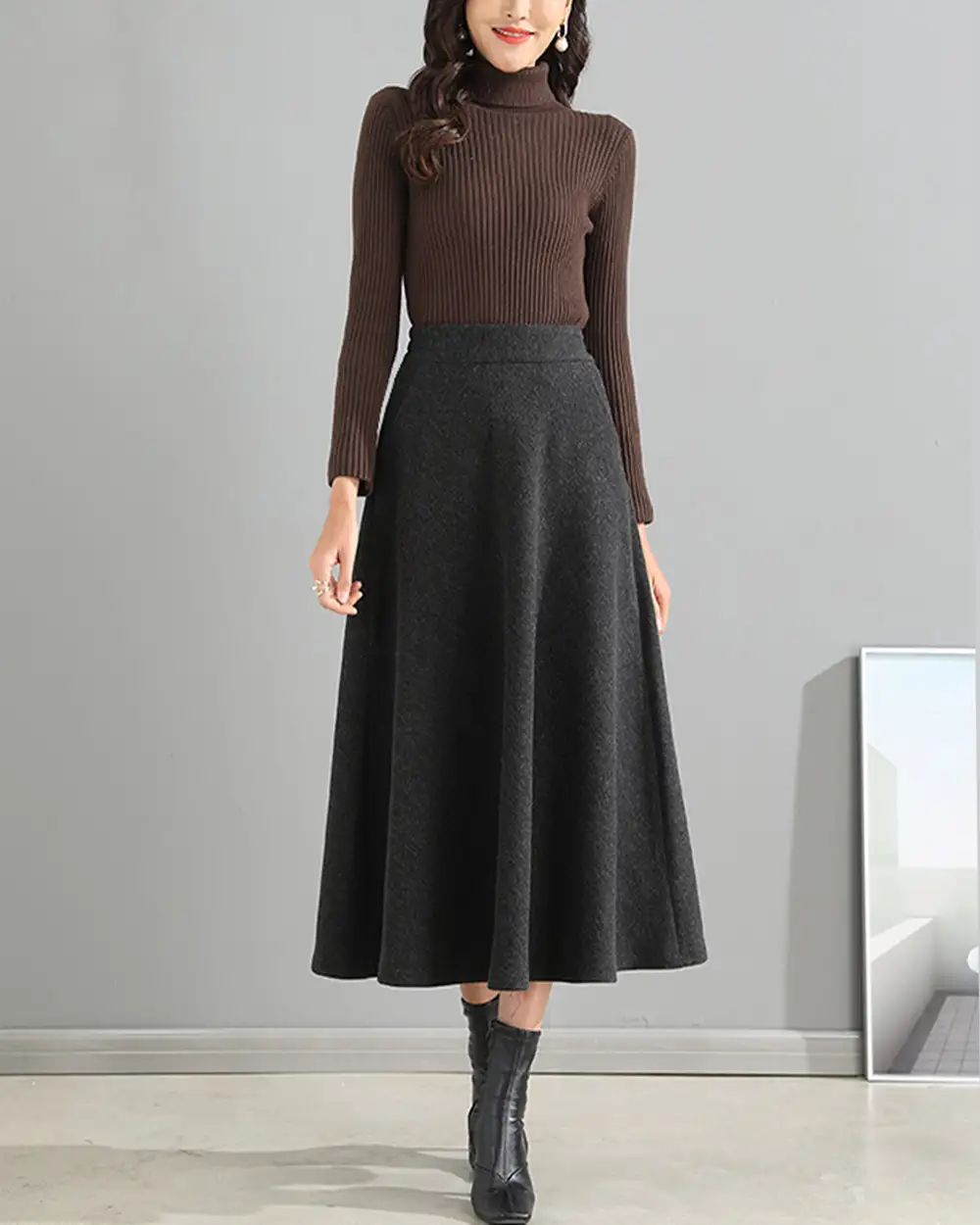 Pocketed Wool A Line Maxi Skirt