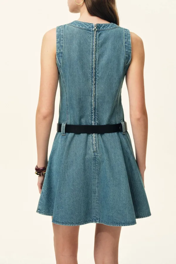 Sleeveless Belted Cotton Denim Mini Dress