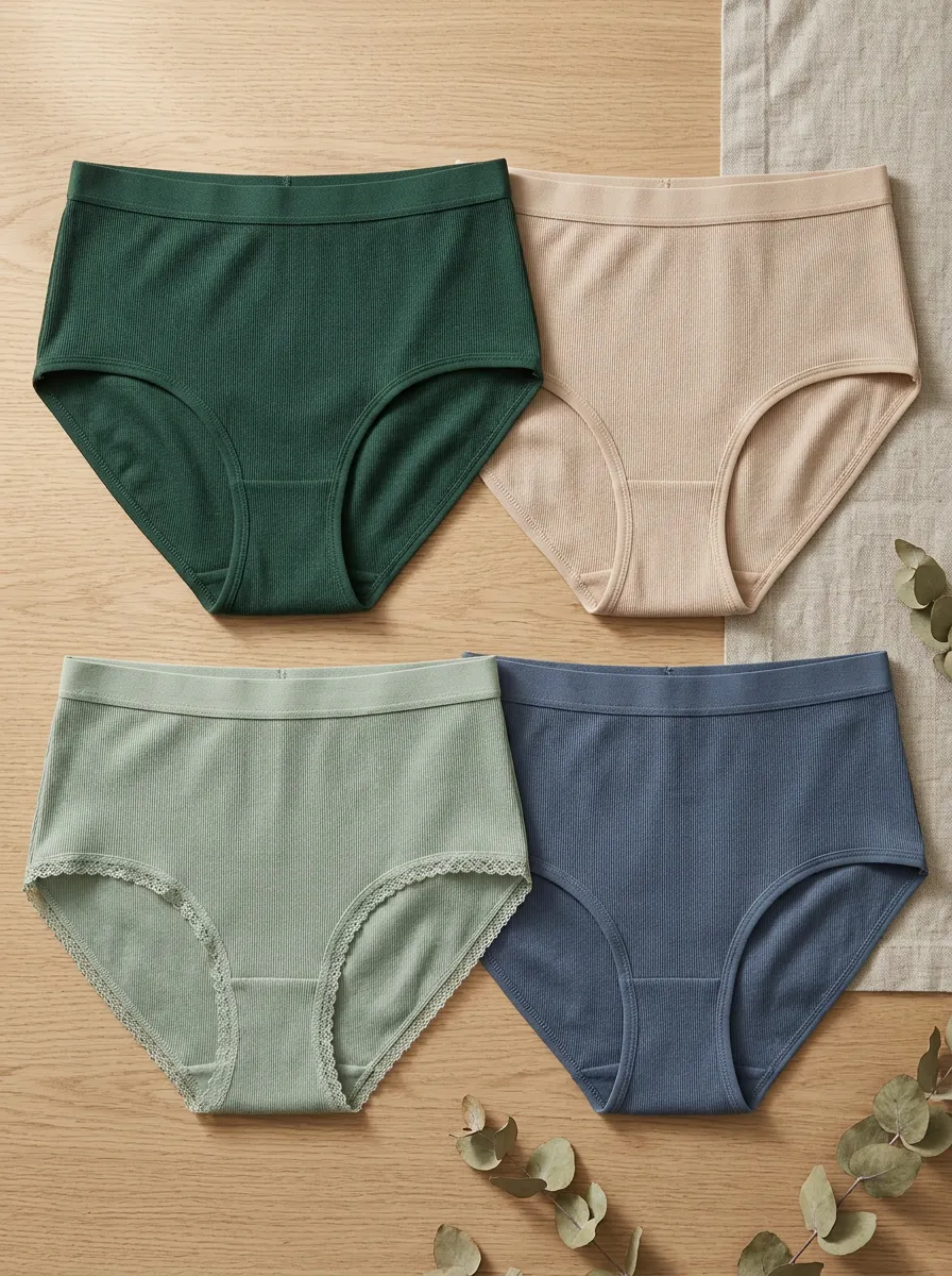 Women's Solid Color Ribbed Lace Trim High Waisted Panties Set