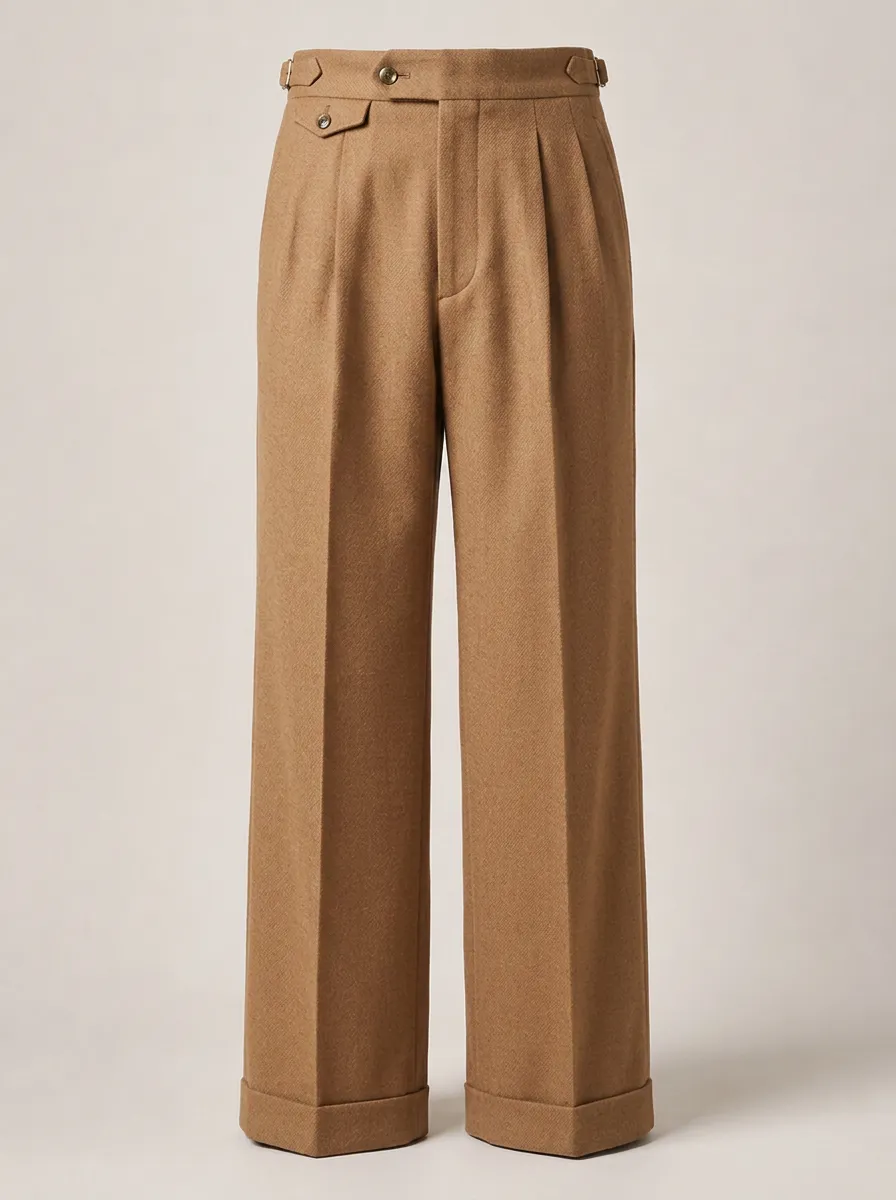 Men's Classic Camel Wool Pleated Wide Leg Trousers