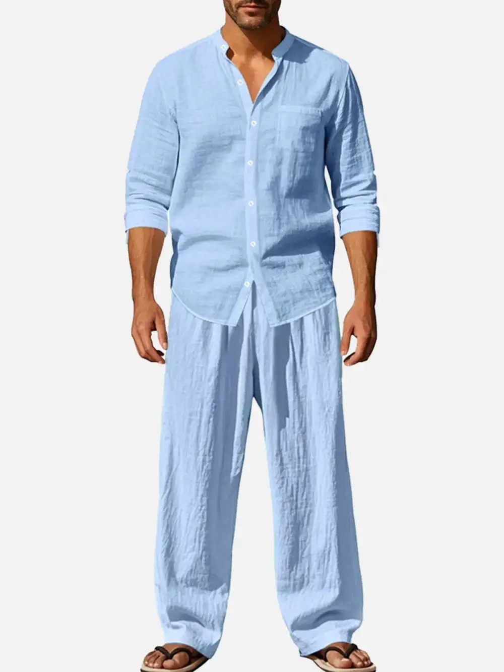 Linen Long Sleeve Elastic Waist Wide Leg Set Slow Living Linen Ensemble