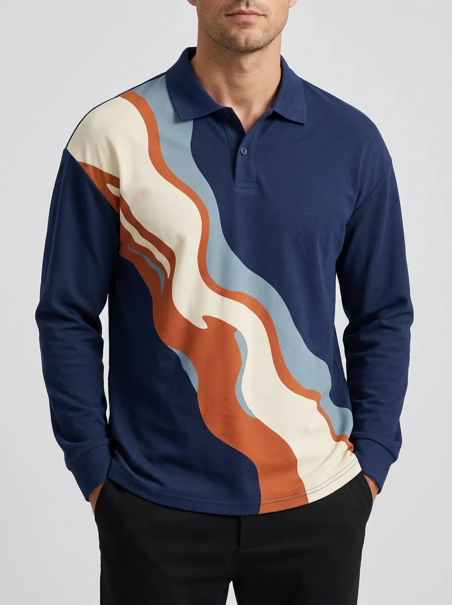 Men's Abstract Wave Pattern Printed Long Sleeve Polo Shirt Relaxed Design