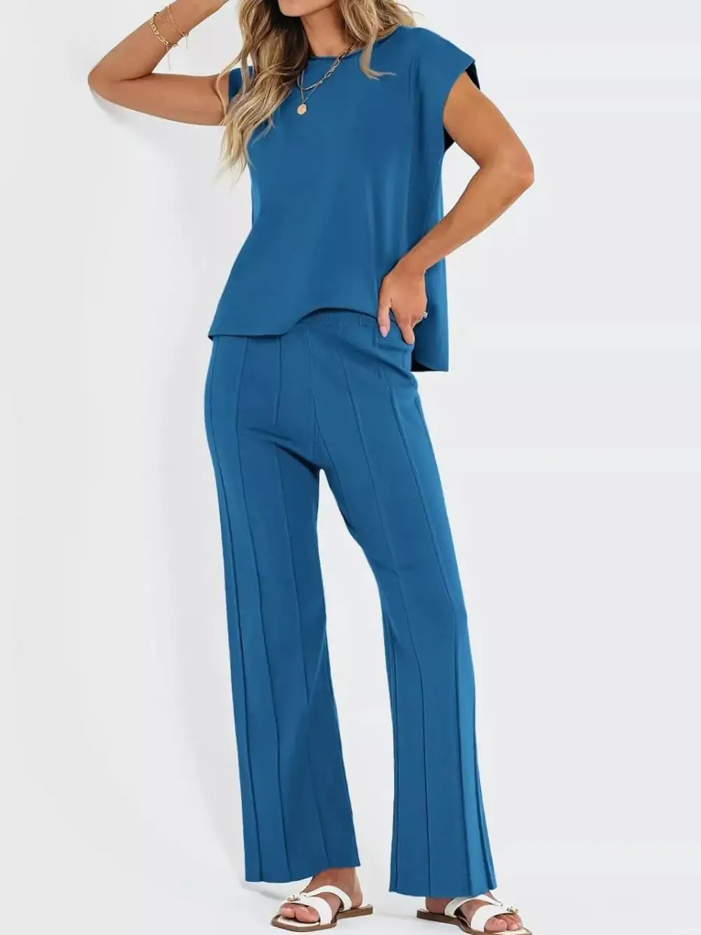 Relaxed Casual Solid Cap Sleeve Top and Pants Knit Set