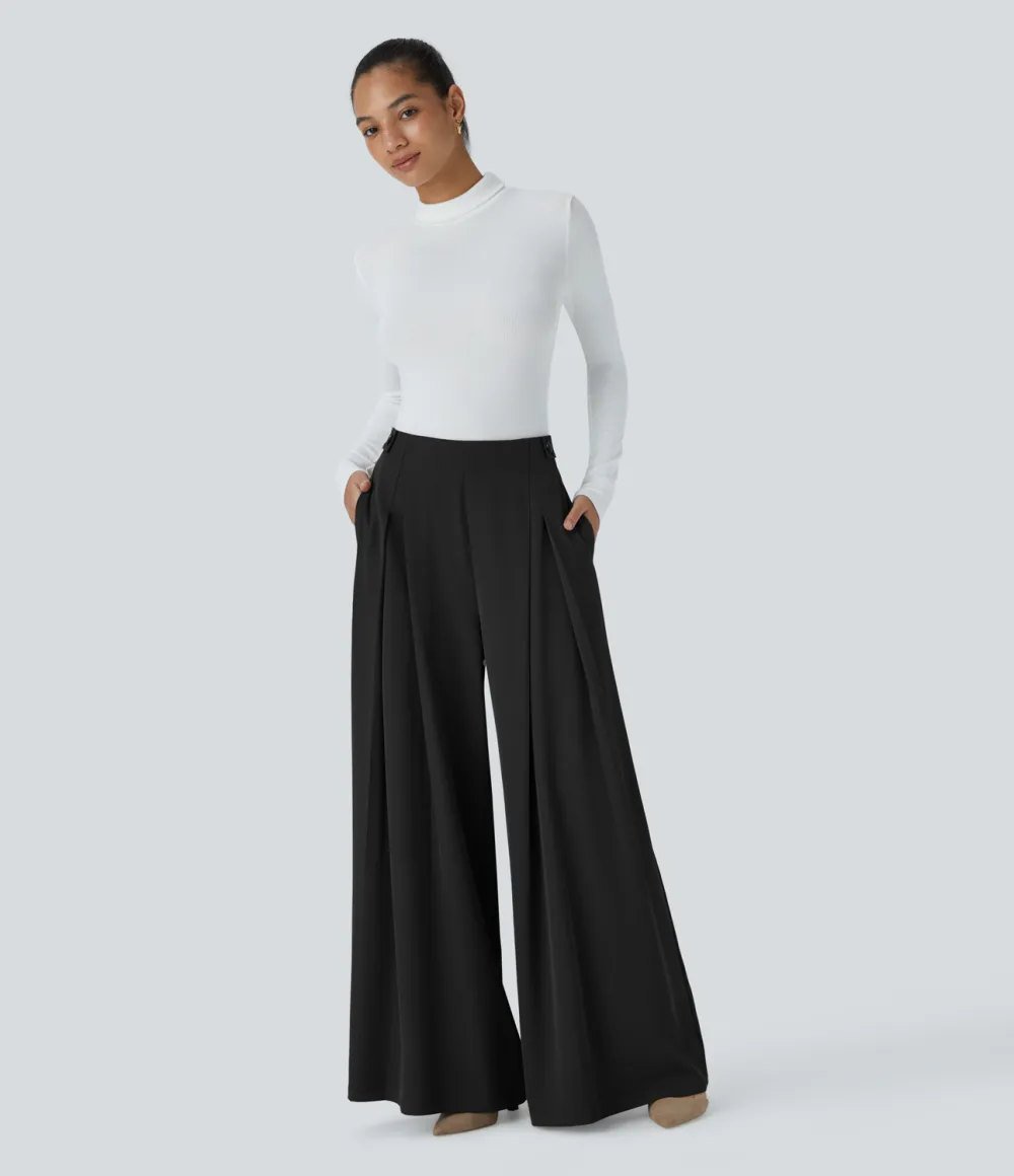 High Waisted Decorative Button Plicated Side Pocket Wide Leg Work Pants