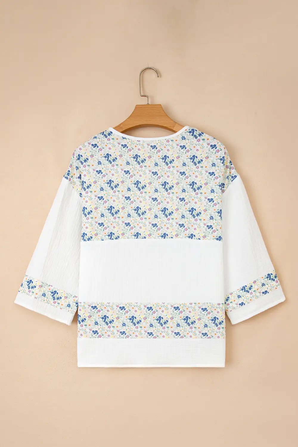 Sky Blue Floral Print Gauze Patchwork Henley Button 3/4 Sleeve Blouse