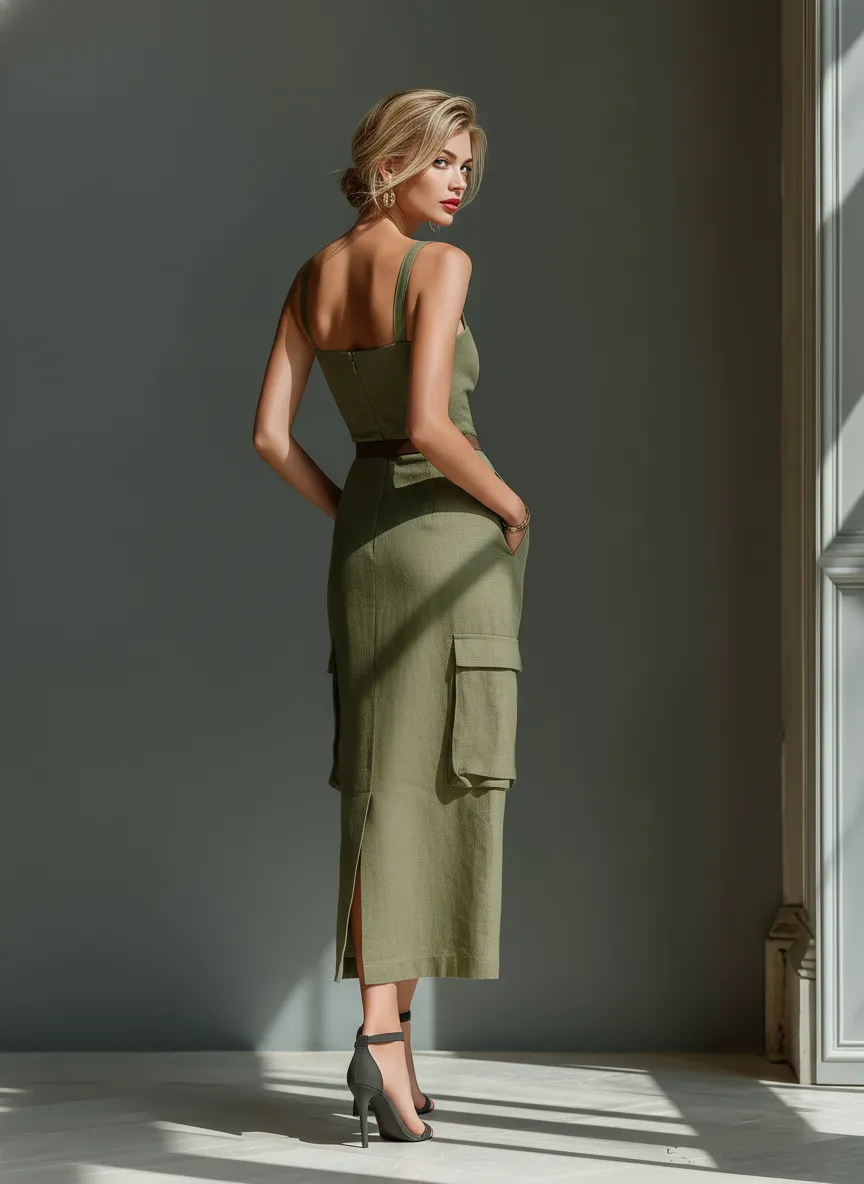 Women's Olive Green Linen Fabric Sleeveless Midi Dress With Cargo Pockets & Belted Waist