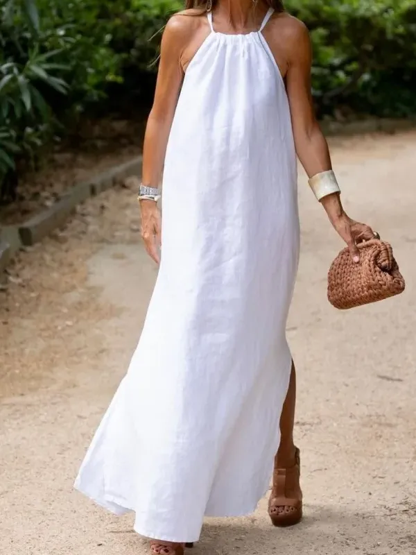 Halter Neck Sleeveless Linen Blend Maxi Dress