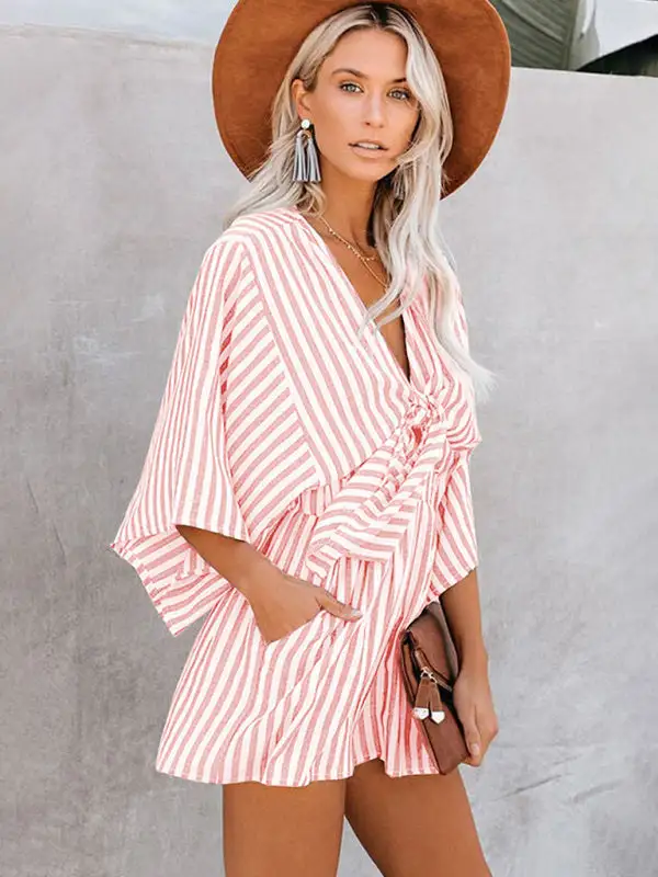 Slim Waist Striped Deep V Trumpet Jumpsuit