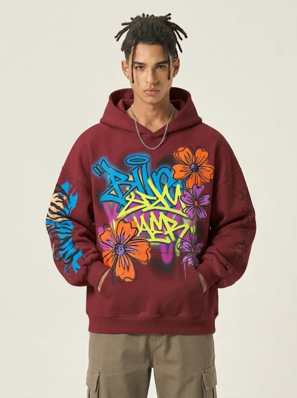 Unisex Graffiti Floral Tiger Graphic Hoodie
