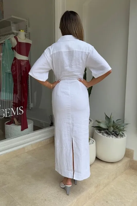 White Ruched Midi Dress