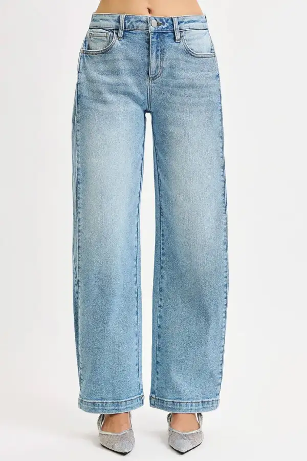 Denim Mid Rise Barrel Leg Pocketed Jeans