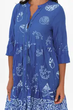 Above-Knee Abstract Cotton Tiered Pocket Embroidered V-Neck Dress
