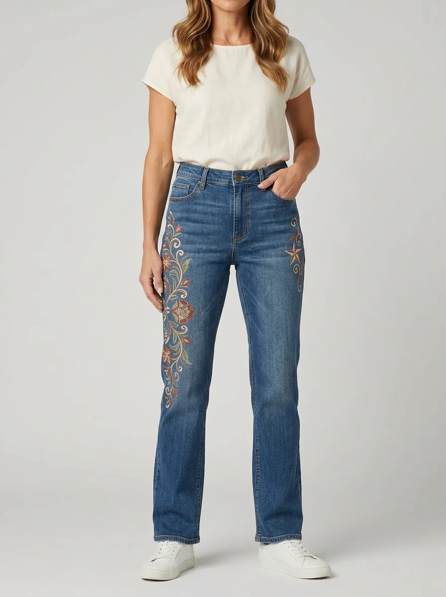Women's Boho Style Floral Star Embroidered Printed Straight Leg Jeans
