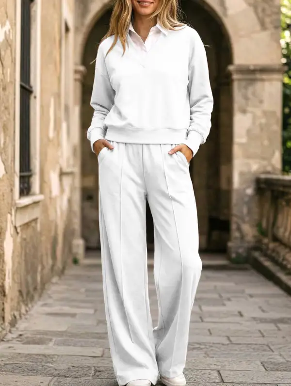 Collar Loose Top and Wide-Leg Pants Set