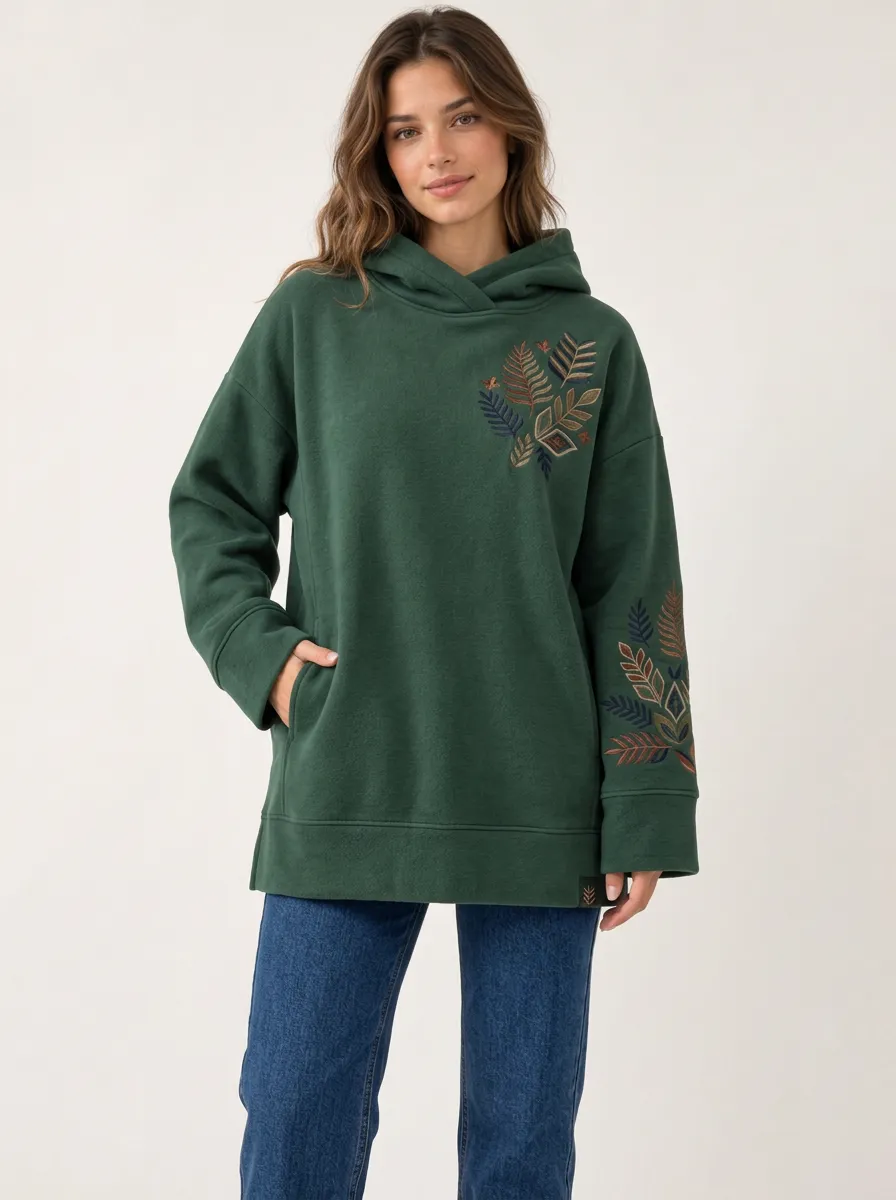 Women's Botanical Fern Embroidered Graphic Nature Inspired Easy Layer Hoodie