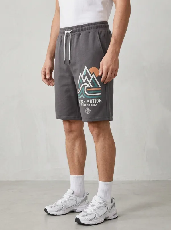 Men's Mountain Compass Wave Drawstring Printed Sweat Shorts