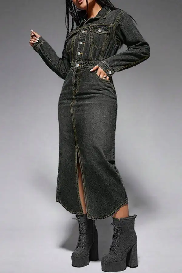 Washed Denim Mid-Slit Midi Dress