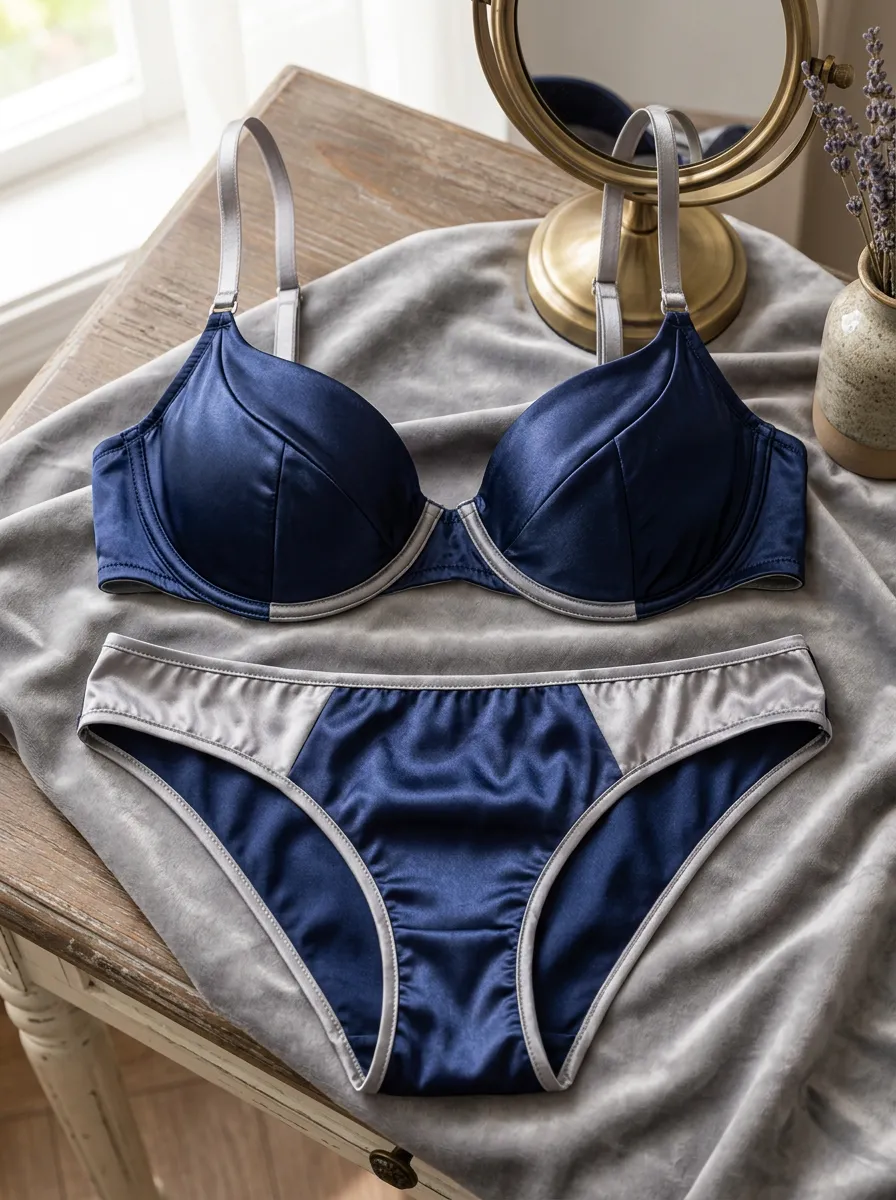 Women's Satin Contrast Trim And Panel Detail Lingerie Set