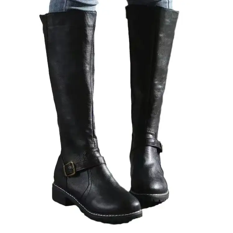 Leather Knee Tall Boots Comfortable Flat Riding Style Boots