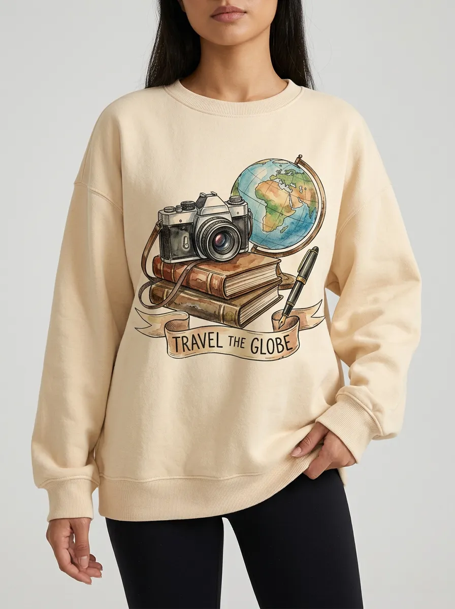 Unisex Travel Lover Globe Camera Books Printed Sweatshirt