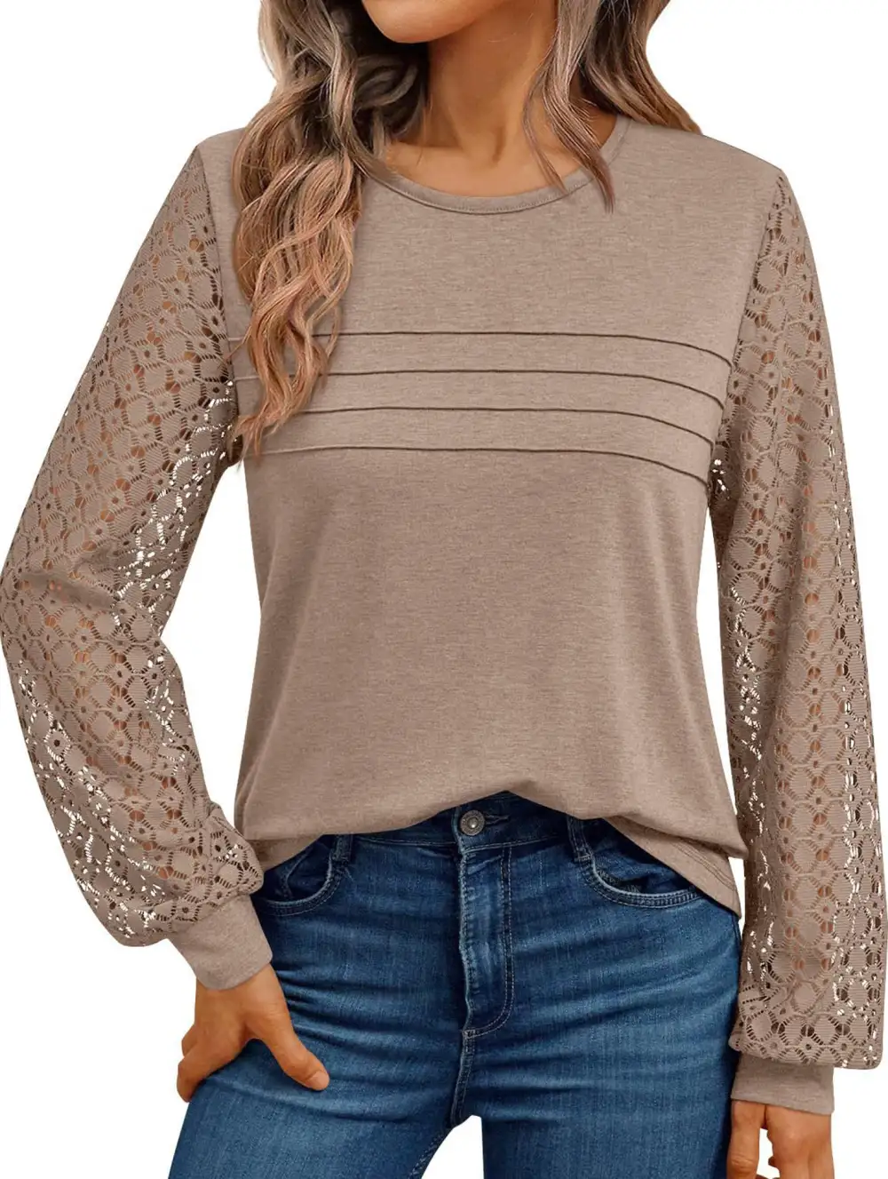 Crew Neck Openwork Patch Top