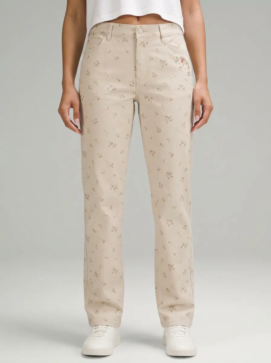 Women's Floral Pattern Beige Printed Mid-Rise Straight Leg Pants