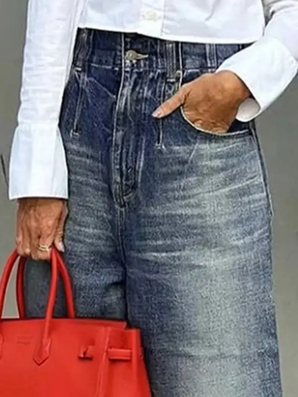 Fringe Detail Relaxed Fit Wide Leg Button Detail Pocket Jeans