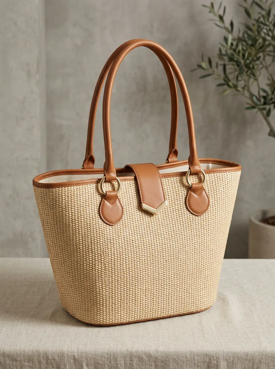Woven Leather-Trim-Look Women's Tote Bag
