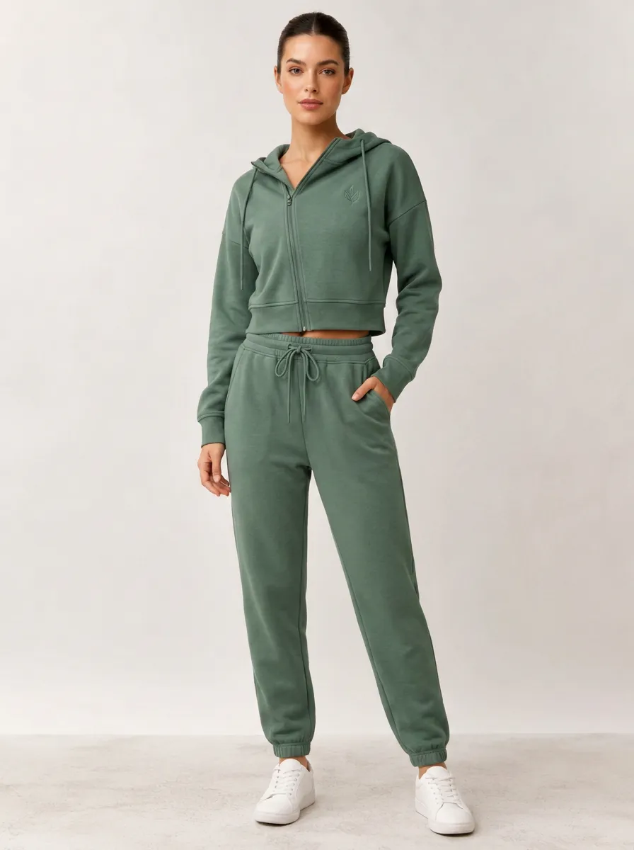 Women's Sage Green Leaf Embroidered Zip-up Crop Hoodie Jogger Set