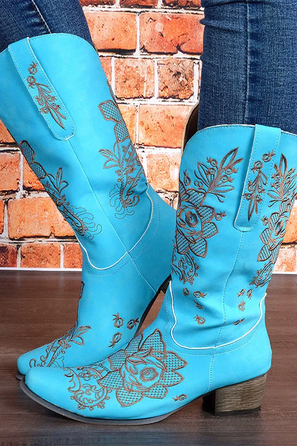 Floral Embroidery Block-Heel Boots