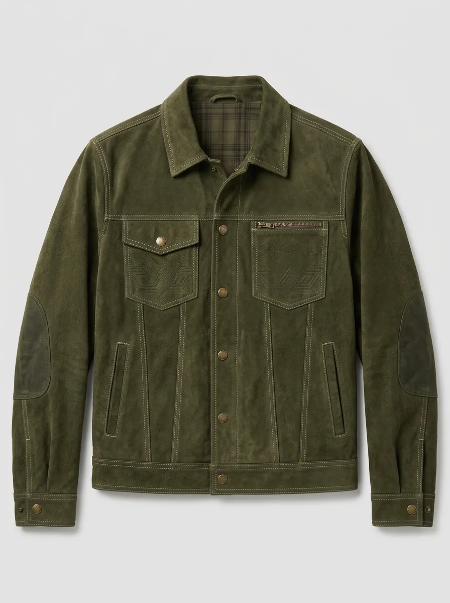 Men's Olive Suede Embroidered Logo Button-Up Jacket
