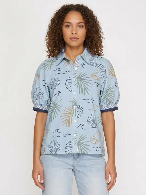 Women's Beach Vacation Seashell Palm Leaf Printed Button-up Shirt