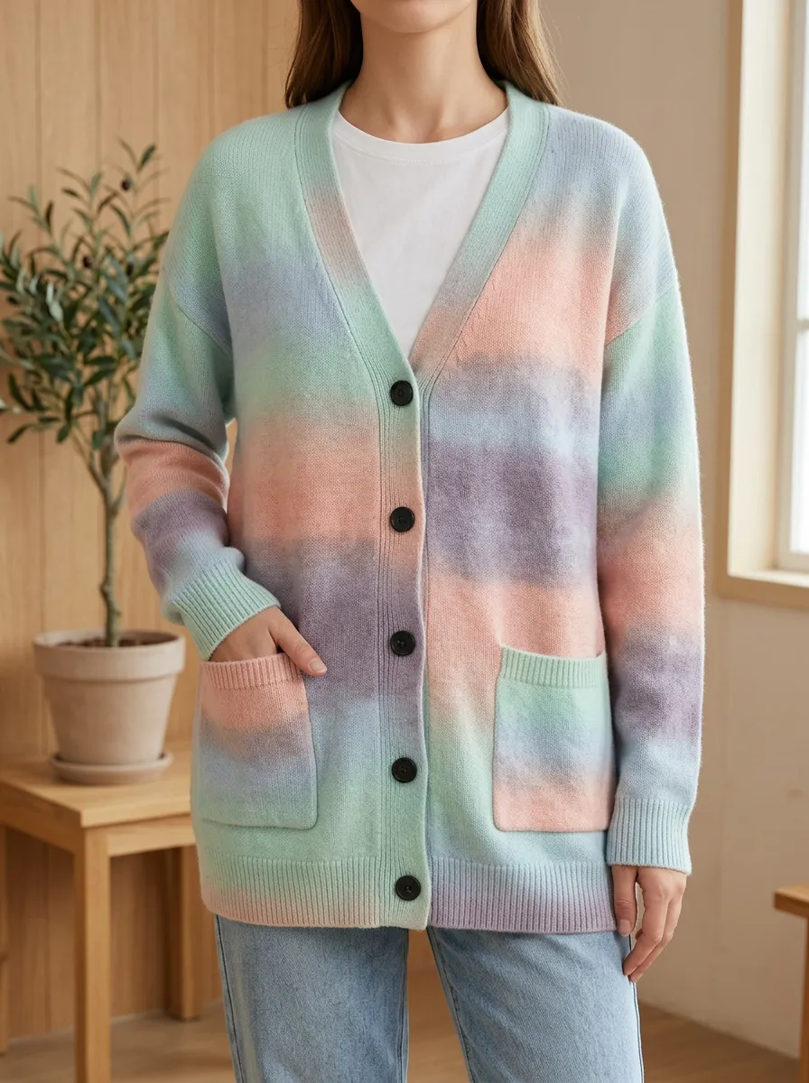 Women's Pastel Rainbow Striped Pattern Printed Cardigan