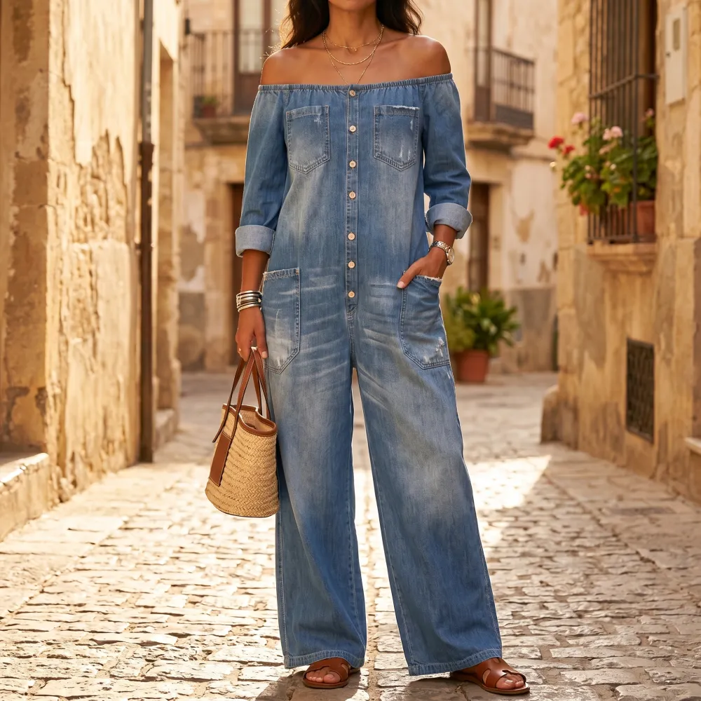 Off Shoulder Denim Jumpsuit