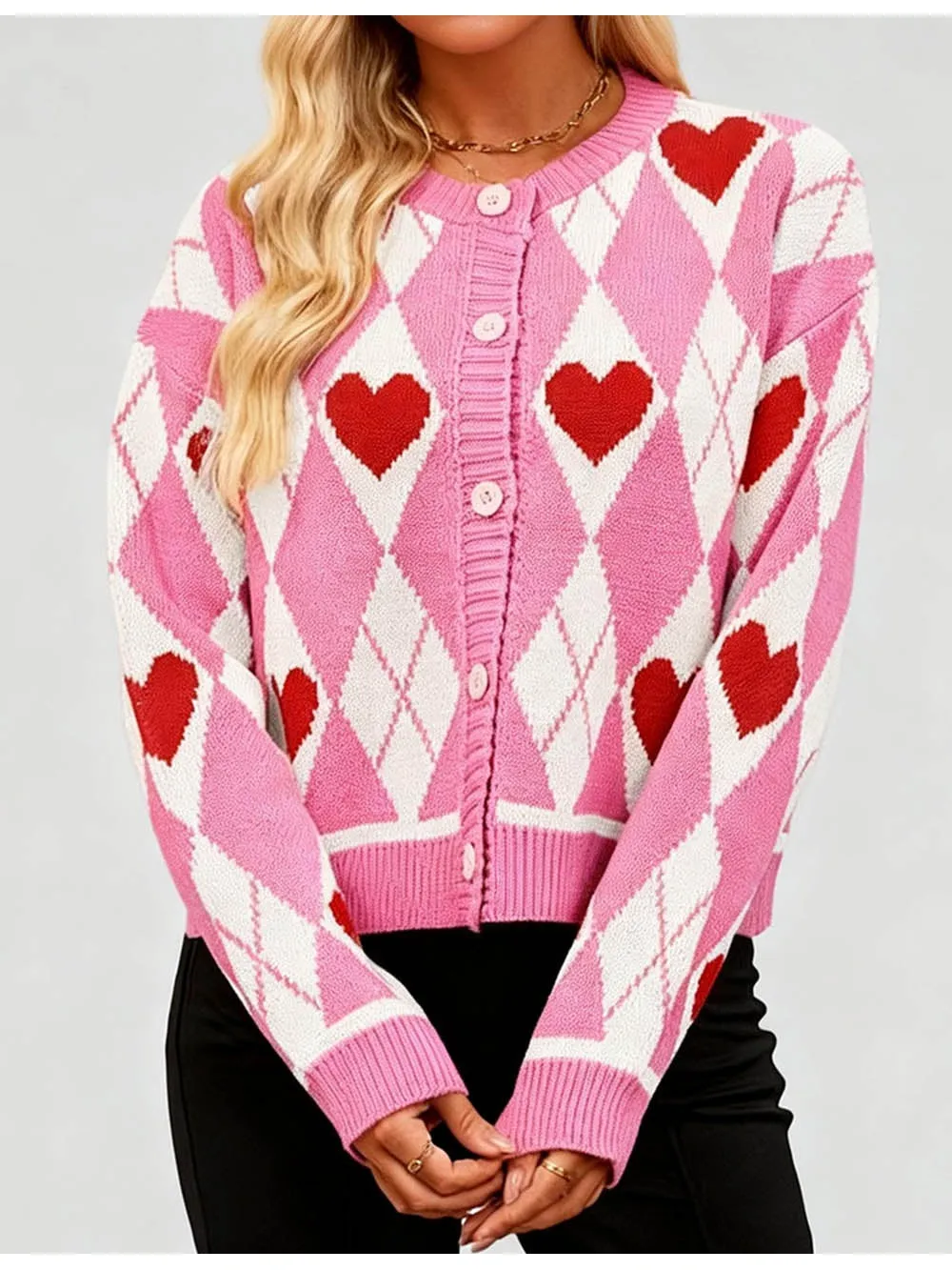 Valentine Heart Graphic Round Neck Knit Cardigan