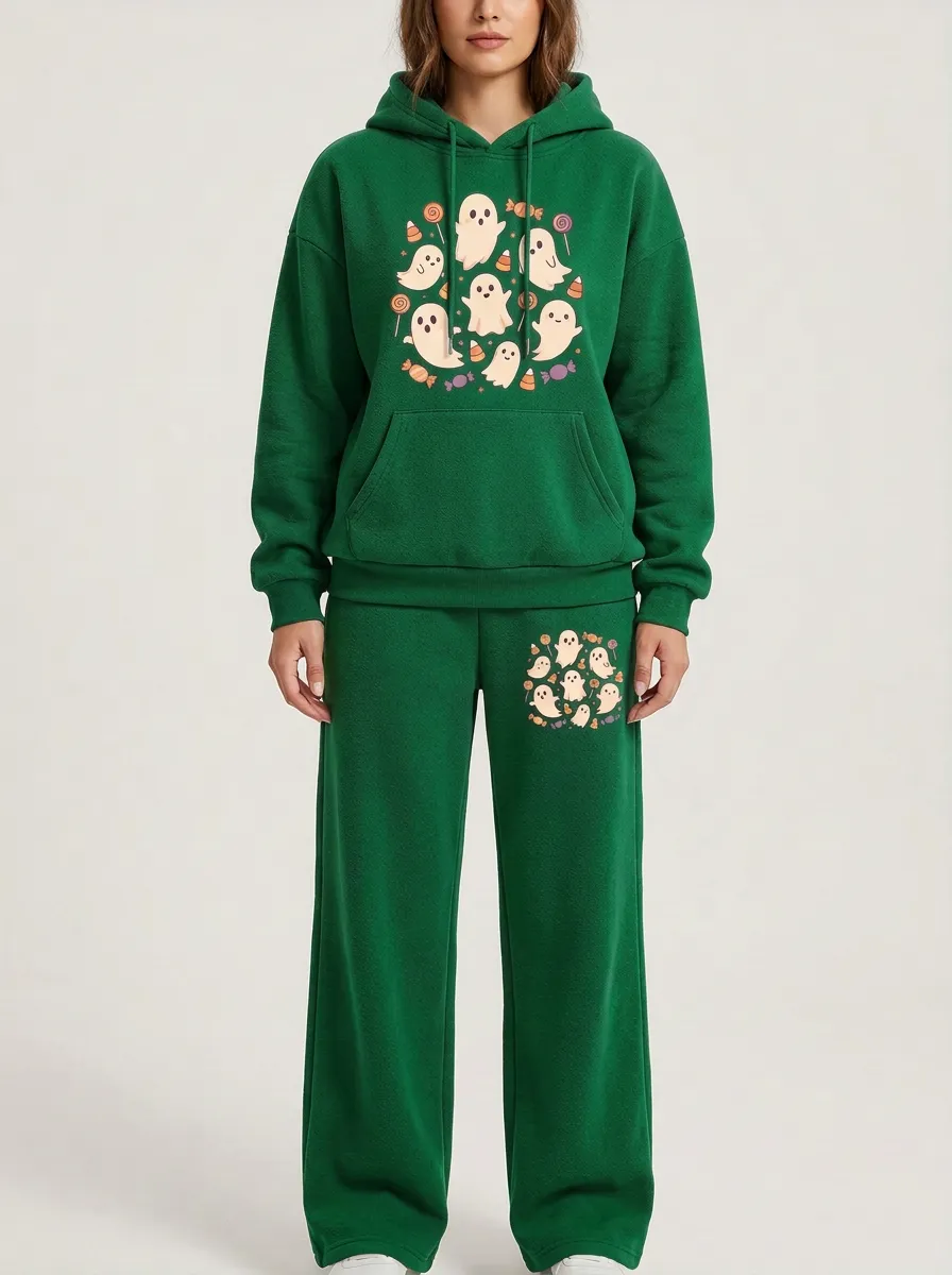 Women's Halloween Ghost Candy Printed Hoodie and Pants Set