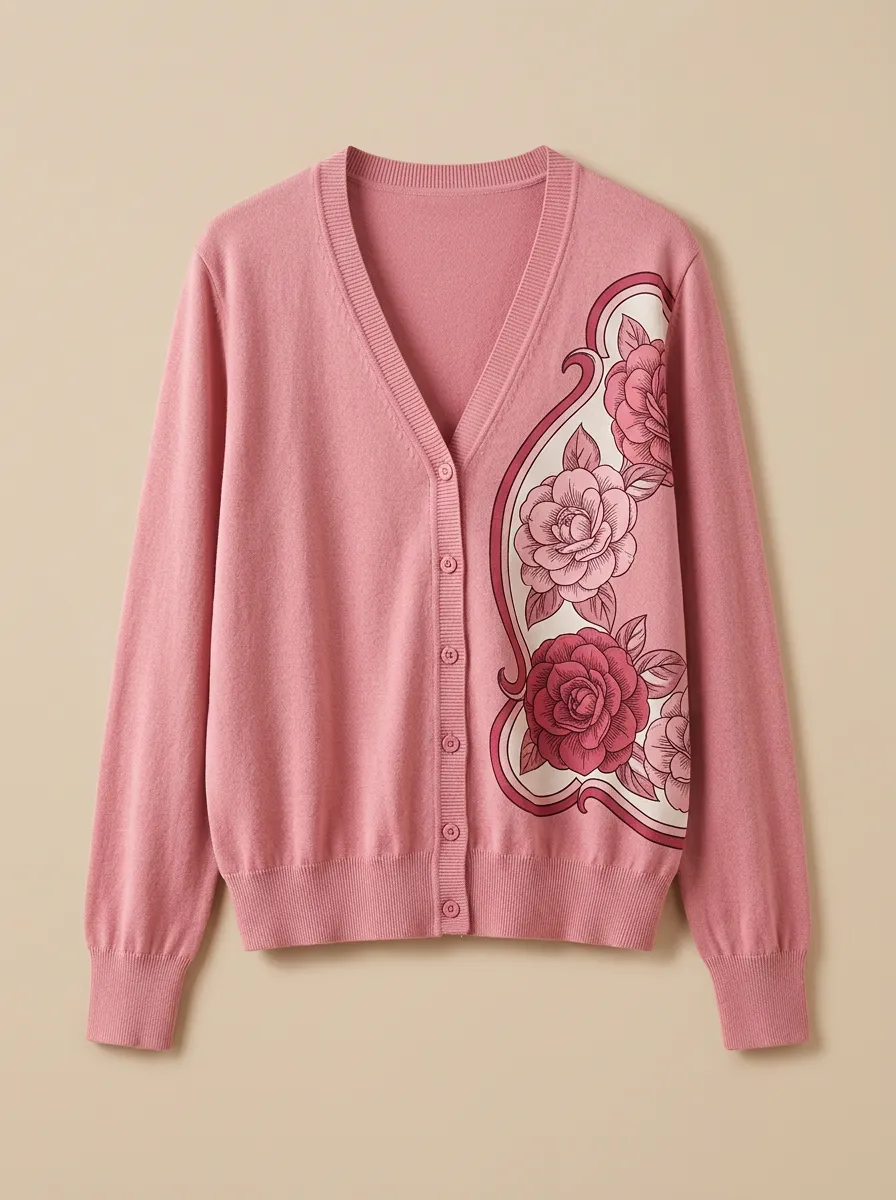 Women's V-Neck Button-Front Graphic Floral Cardigan