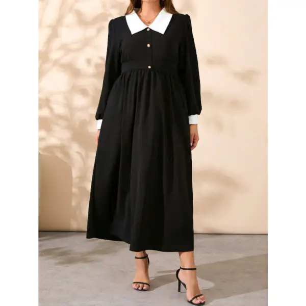 Plus Size Contrast Collared Neck Long Sleeve Midi Dress