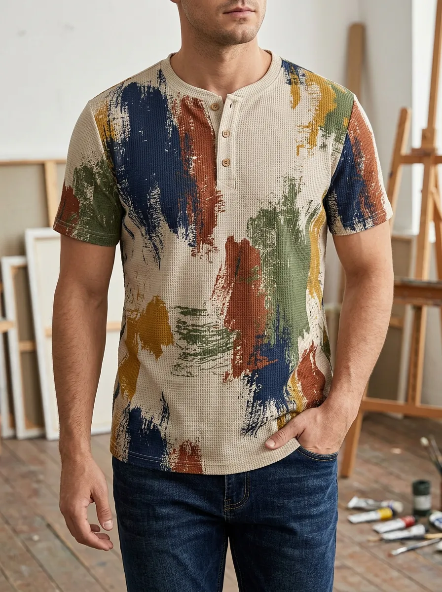 Men's Classic Abstract Brushstroke Waffle Motif Henley T-Shirt