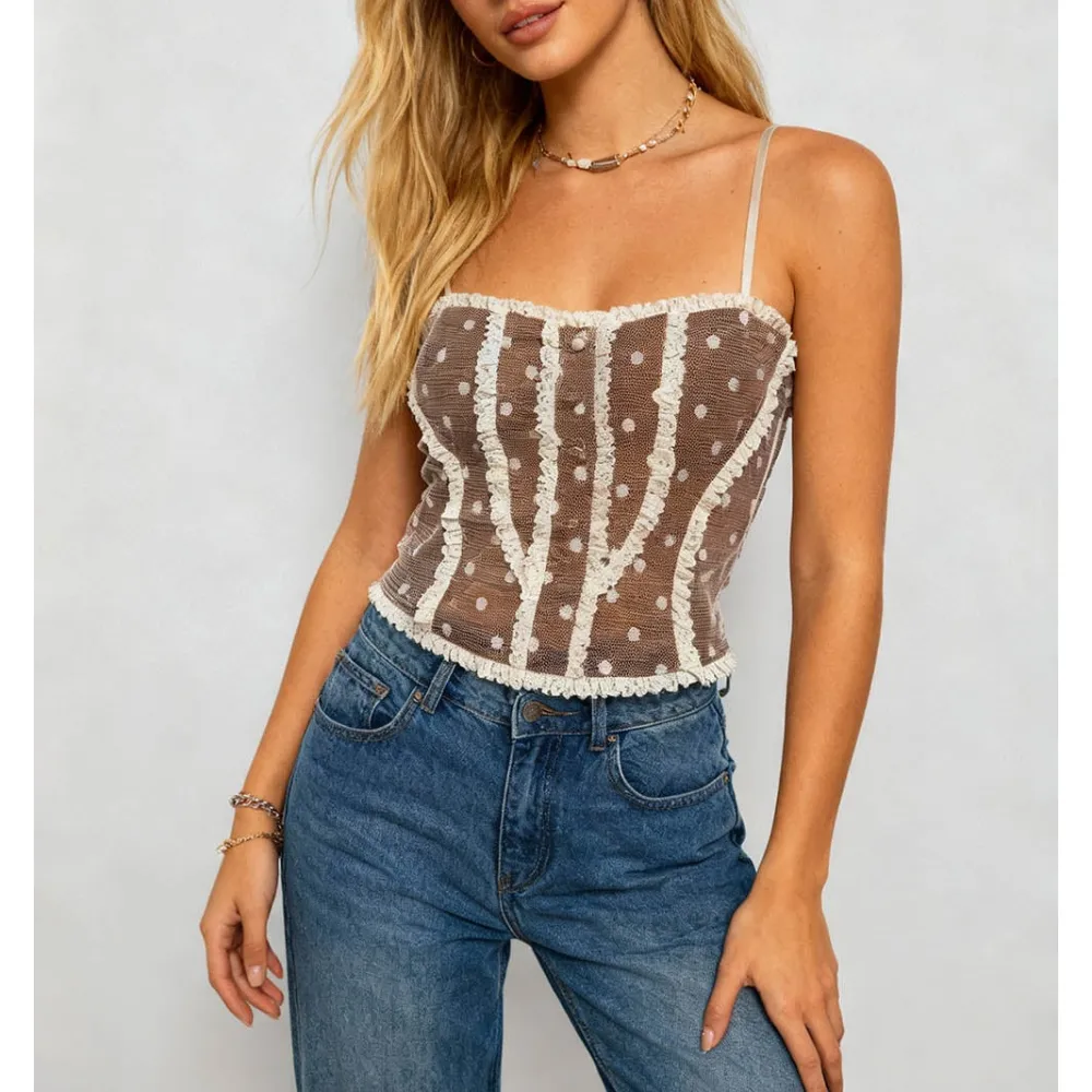 Polka Dot Mesh Corset Square Neck Ruffle Trim Cami Top